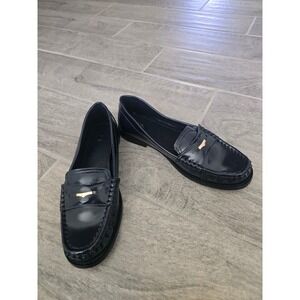 ZARA Blue Patent Leather Penny Loafers Square Toe Gold Detail Women Size 37/6